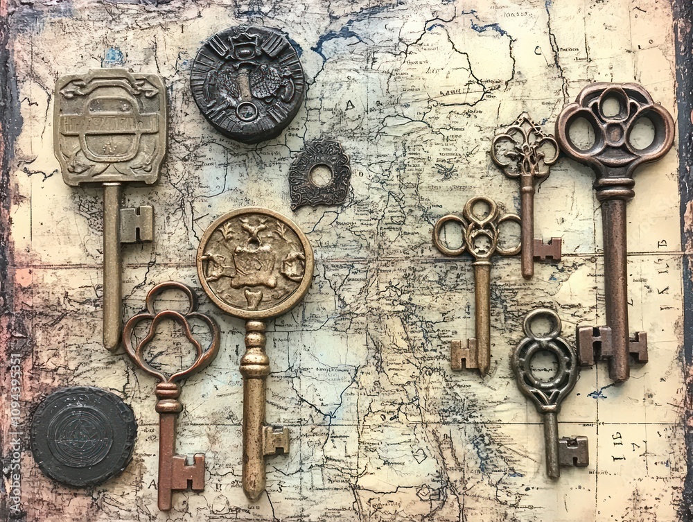Naklejka premium Collection of vintage keys and seals on an antique map background