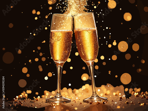  happy new year illustration vector Two champagne glasses clinking together, with golden bubbles splashing, representing a celebratory toast