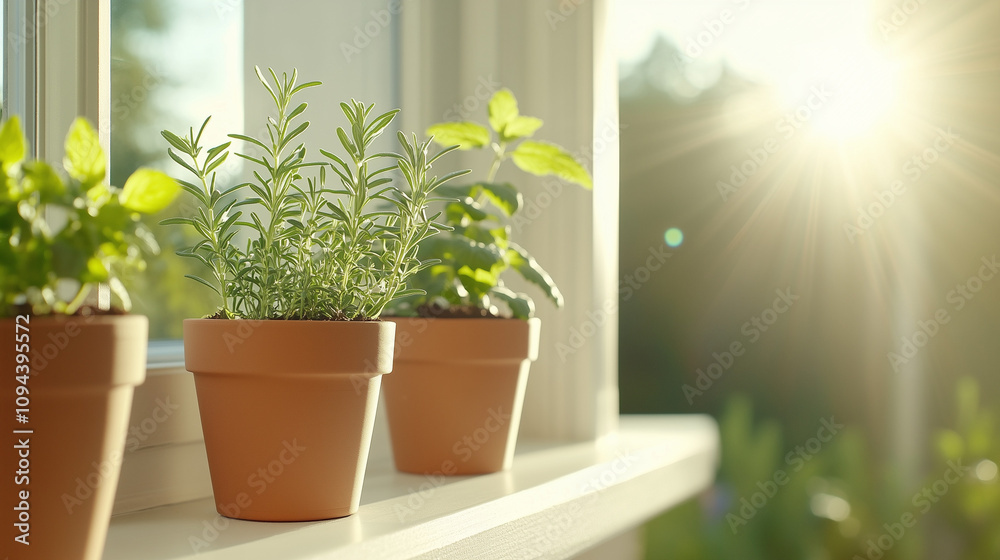 Herbs in terracotta pots basking in sunlight on a bright windowsill Herbs in terracotta pots basking in sunlight on a bright windowsill