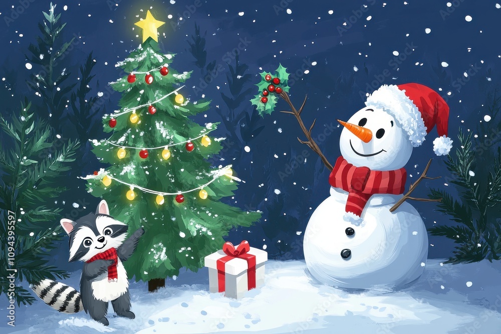 snowman and christmas tree in decorative way snowman and christmas tree in decorative way