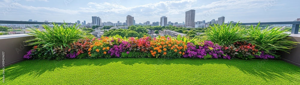 A vibrant rooftop garden with colorful flowers and greenery overlooking a city skyline. A vibrant rooftop garden with colorful flowers and greenery overlooking a city skyline.