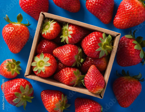 A top-down view of a box filled with fresh strawberries against a vibrant blue background. Suitable for healthy eating, summer, or food marketing visuals. photo