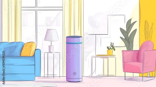 Cute colourful doodle vertical smart assistant speaker playing music or talking. Virtual AI voice control with wireless loudspeaker to manage the house. Internet of things technique with outline. photo