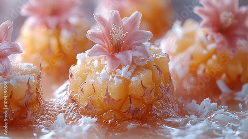 Delicate Pineapple Dessert with Pink Flowers Coconut Flakes Close up