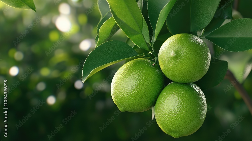 Three ripe green limes are nestled among lush green leaves on a tree in a sunlit orchard, showcasing nature's bounty. Three ripe green limes are nestled among lush green leaves on a tree in a sunlit orchard, showcasing nature's bounty.