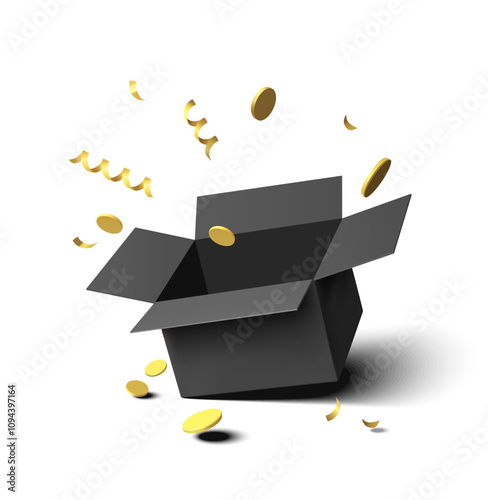 Decorative open empty black gift box with flying golden tinsel and coins isolated on white for black Friday sale design. Vector stock illustration.