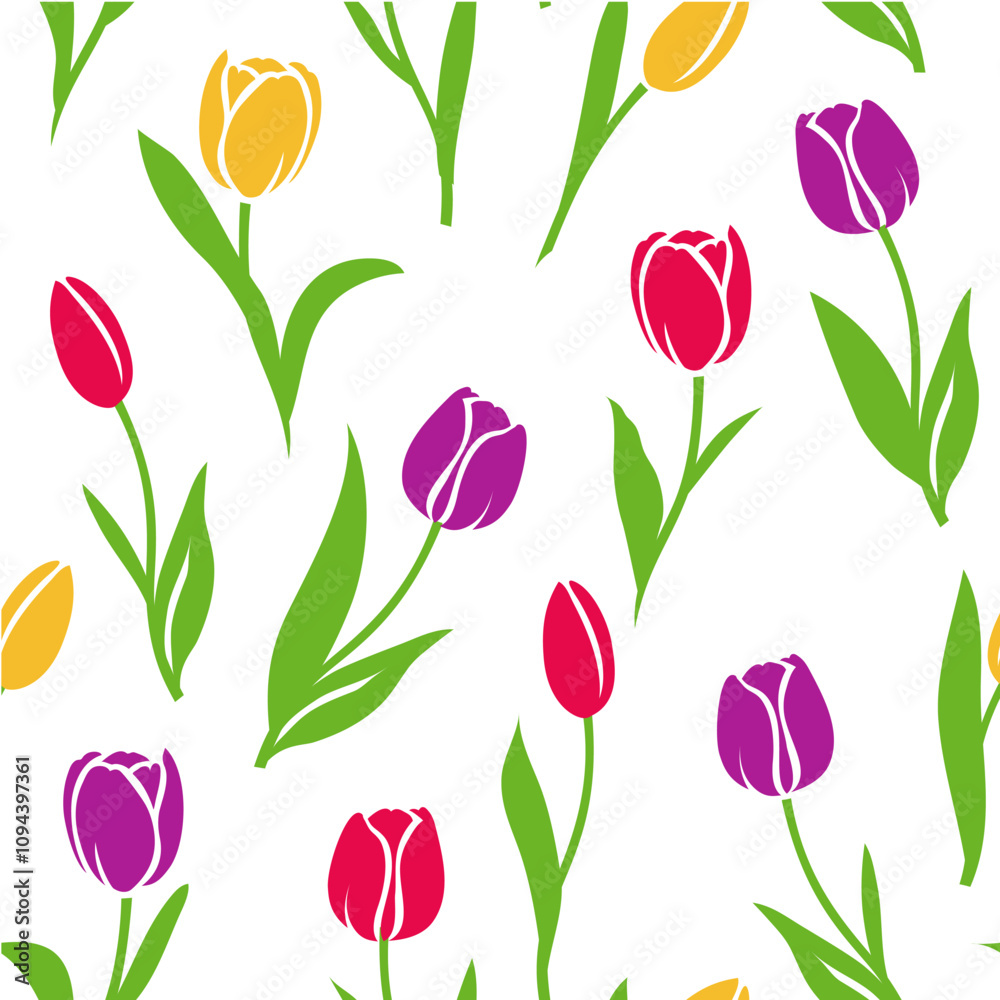 Seamless pattern with yellow, violet and red tulip and leaf silhouette on white background. Happy Mother's Day design template for wrapping or fabric. Abstract floral wallpaper. Vector illustration. Seamless pattern with yellow, violet and red tulip and leaf silhouette on white background. Happy Mother's Day design template for wrapping or fabric. Abstract floral wallpaper. Vector illustration.