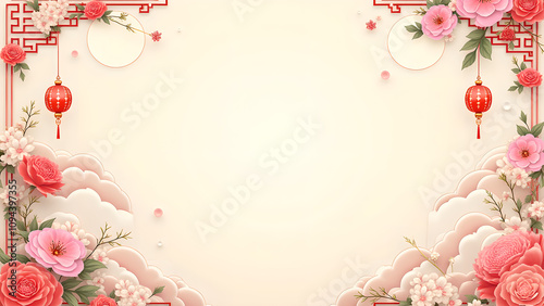 Chinese New Year Background with Flowers and Lanterns. Concept of celebration, spring, and joy.