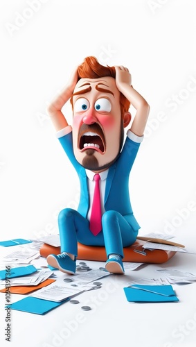 3d frustrated 3D businessman sitting on the ground, surrounded by scattered documents