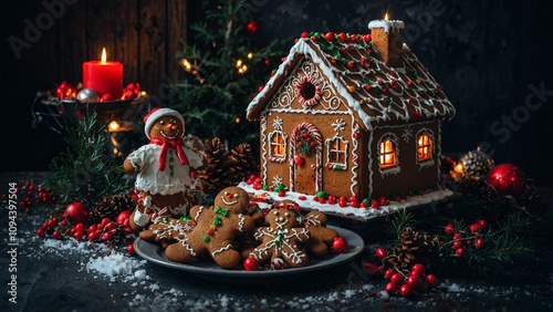 クリスマスのジンジャーブレッドハウスとクッキーのディスプレイ photo