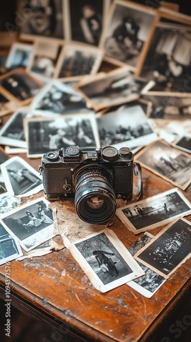 Vintage camera surrounded by old photographs.