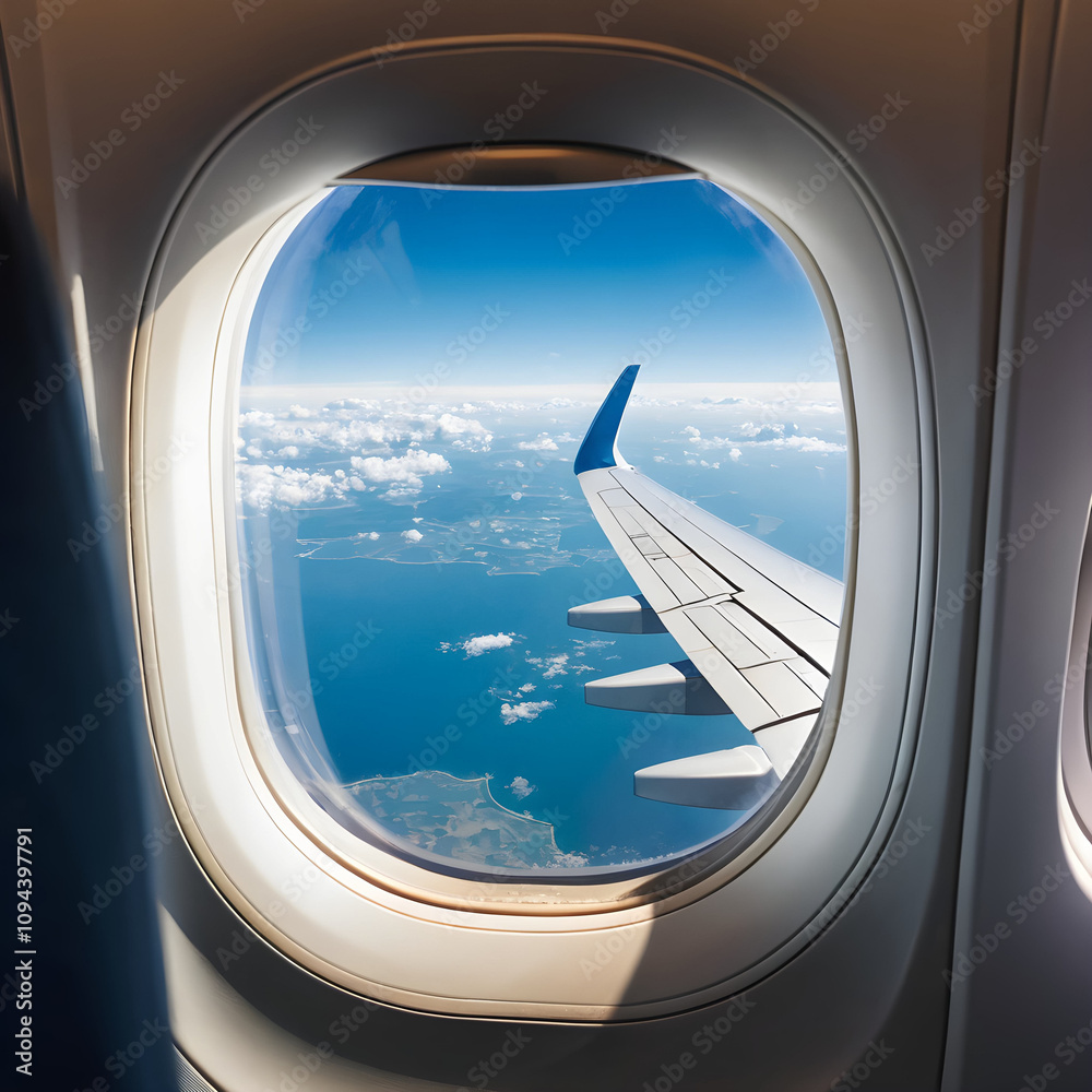 Viajes en avión. Observando el paisaje a través de la ventanilla de un avión comercial Viajes en avión. Observando el paisaje a través de la ventanilla de un avión comercial