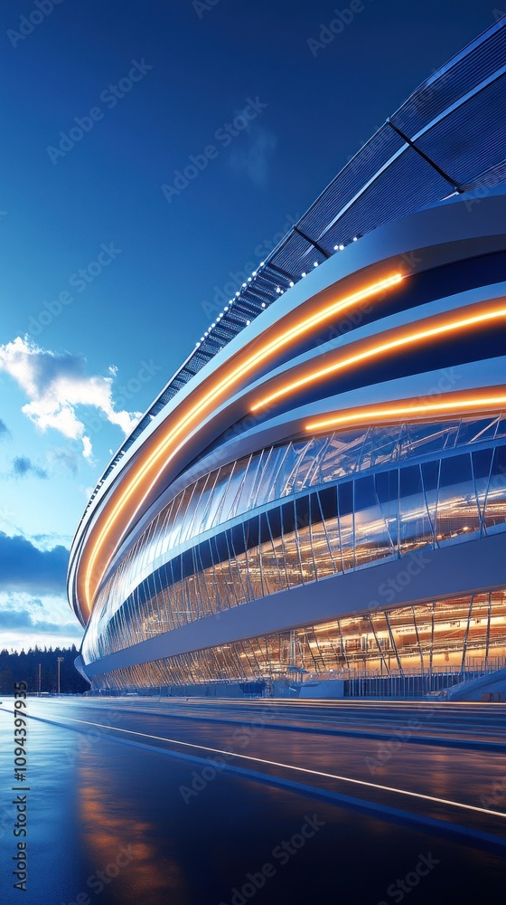 Fototapeta premium A modern architectural structure illuminated at dusk, showcasing sleek design and glass elements.