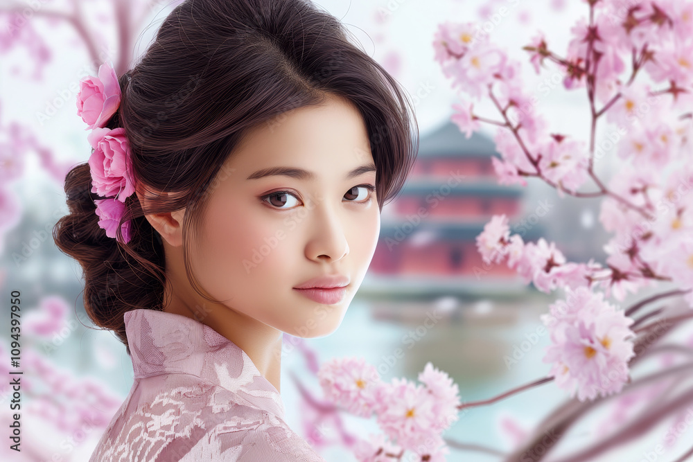Young asian woman in traditional pink outfit gracefully standing in nature by the river with sakura blossom and traditional oriental architecture. Young asian woman in traditional pink outfit gracefully standing in nature by the river with sakura blossom and traditional oriental architecture.