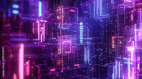 Neon Cityscape: A mesmerizing digital landscape bathed in vibrant hues of pink, blue, and orange, where glowing lines and geometric structures intertwine to create a futuristic cityscape.