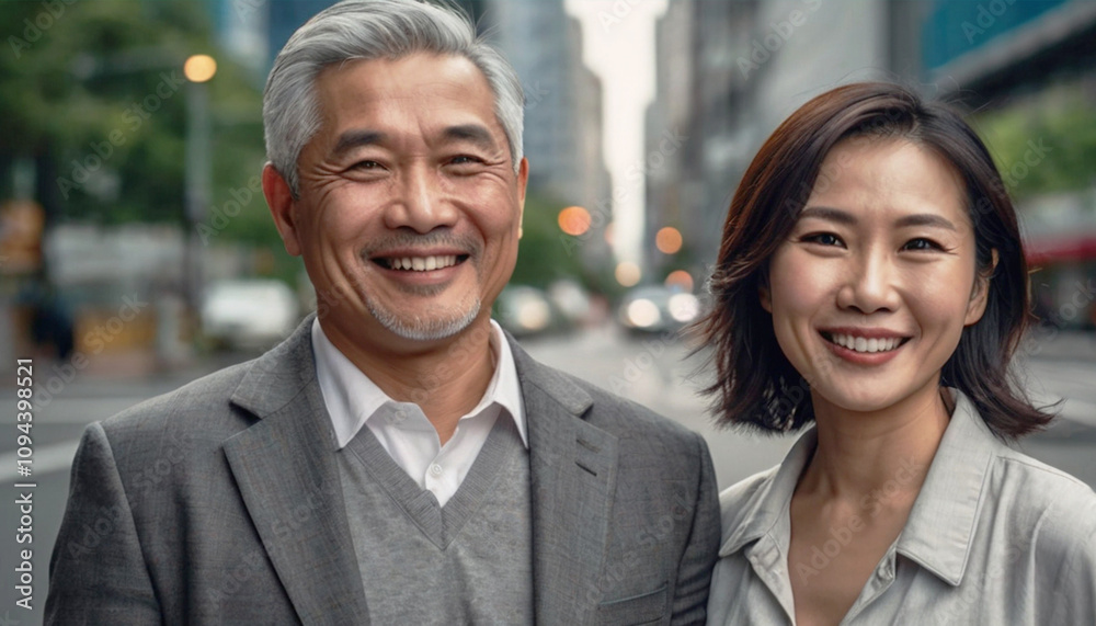 Portrait of couple - elderly Asian gray-haired man and woman against the background of modern city street buildings. Portrait of couple - elderly Asian gray-haired man and woman against the background of modern city street buildings.