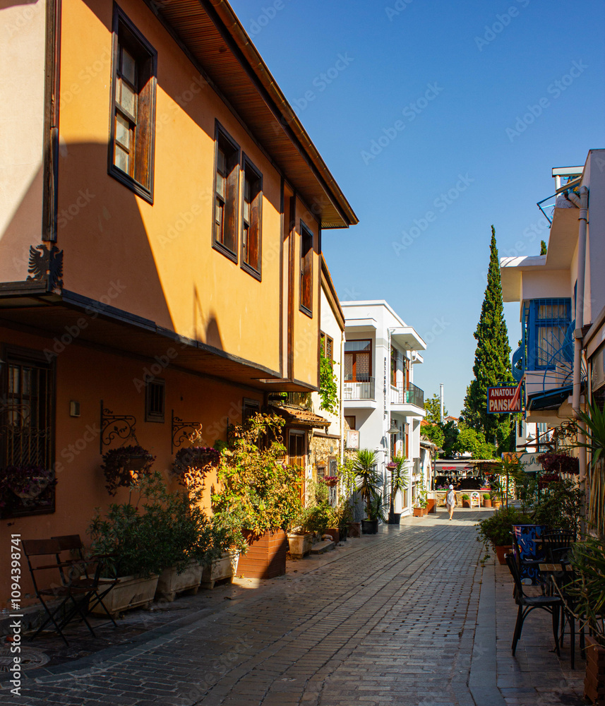 Obraz premium Sunny cozy streets in Old town district in city Antalya in Turkey