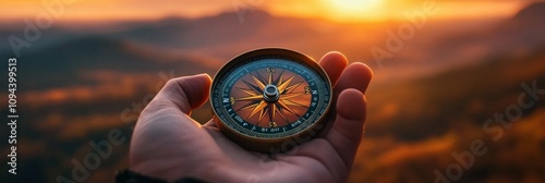 Exploration and Hope: Hand holding compass in vibrant sunset representing new beginnings and pursuit of dreams.