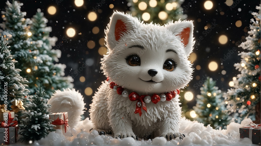 White cartoon fox cub among Christmas trees White cartoon fox cub among Christmas trees
