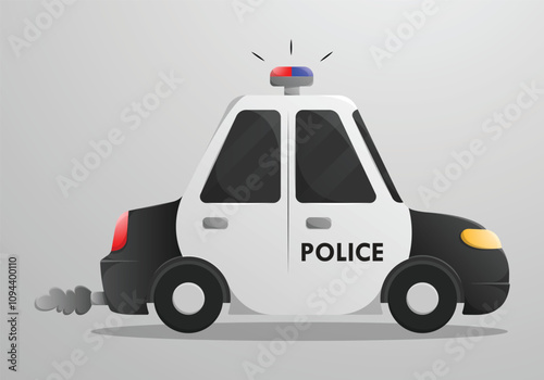 Side view flat black cartoon police car. City patrol transport car illustration.