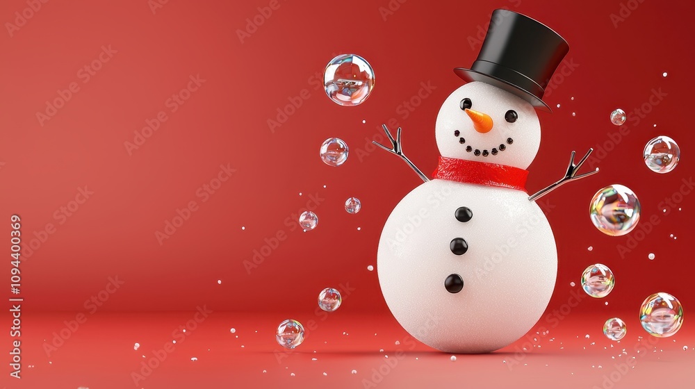 A playful snowman with a top hat and scarf stands against a red background, surrounded by sparkling bubbles, embodying winter cheer and holiday spirit. A playful snowman with a top hat and scarf stands against a red background, surrounded by sparkling bubbles, embodying winter cheer and holiday spirit.