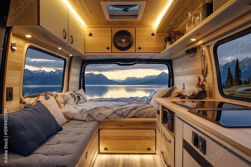 Scenic backdrop of mountains visible from a campervan at dusk.