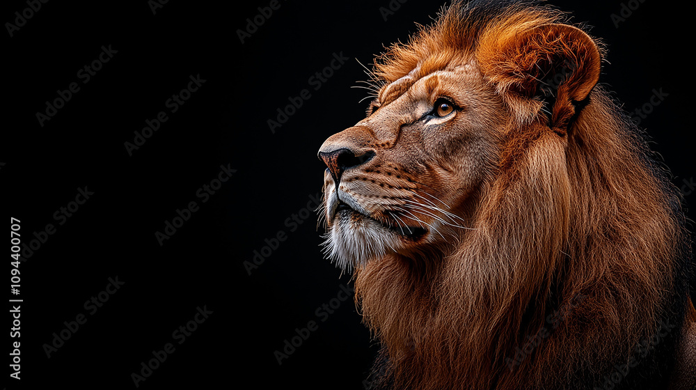 Naklejka premium A lion's head and shoulders, looking upward against a dark background.