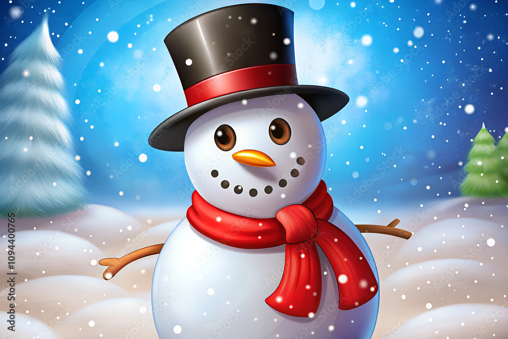 Cheerful snowman illustration with red scarf and black top hat, surrounded by falling snowflakes, bright winter landscape in soft pastel colors Cheerful snowman illustration with red scarf and black top hat, surrounded by falling snowflakes, bright winter landscape in soft pastel colors