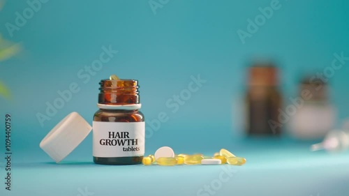 HAND TAKING OUT HAIR GROWTH TABLETS FROM MEDICINE BOTTLE