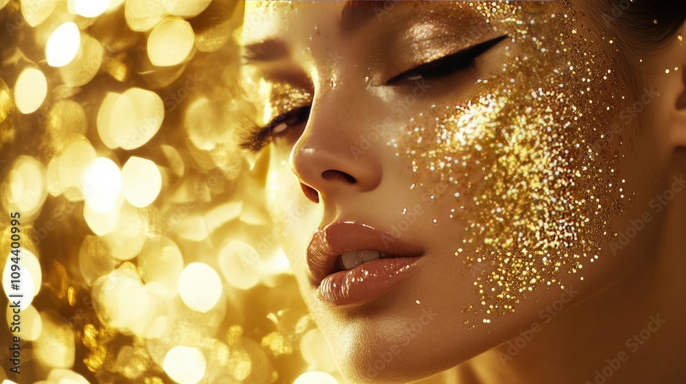 A close-up portrait of a woman with shimmering gold glitter on her face, radiating elegance and sophistication. A close-up portrait of a woman with shimmering gold glitter on her face, radiating elegance and sophistication.