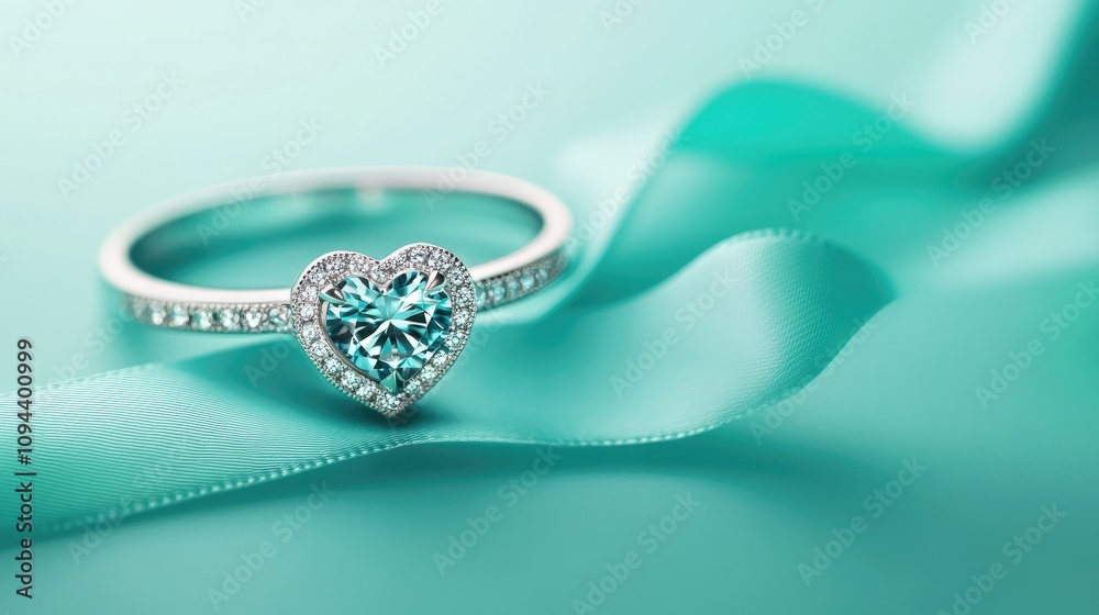 A stunning heart-shaped turquoise ring with a diamond-encrusted band against a soft turquoise background.