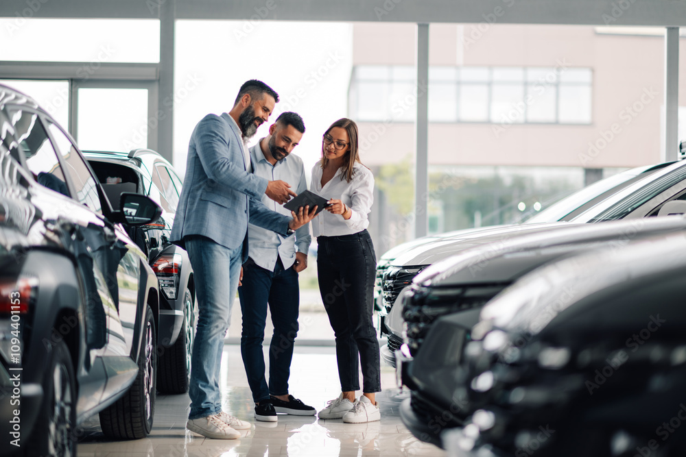 Customers closely inspecting sleek car with tablet support. Customers closely inspecting sleek car with tablet support.