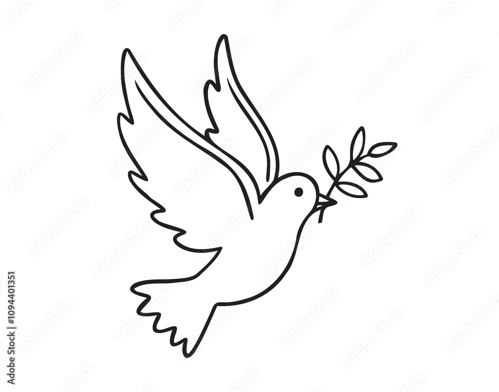 Dove line art. Flying dove of peace pigeon doodle outline logo drawing. Dove for greeting card, banner, flyer, poster.