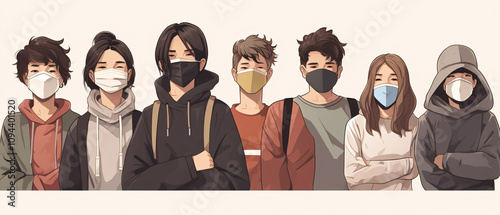 A group of people wearing facemasks, showcasing various characters and personalities in different settings.

