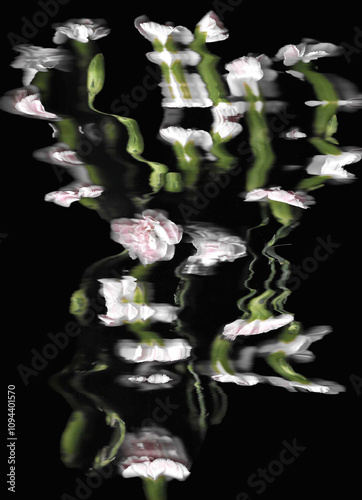 Pink carnation or clove pink vertical scan background. Scanned blooming spring flower bouquet. Glitchy abstract strongly distorted plant. Colourful botanical photocopy with scanner noise effect.
