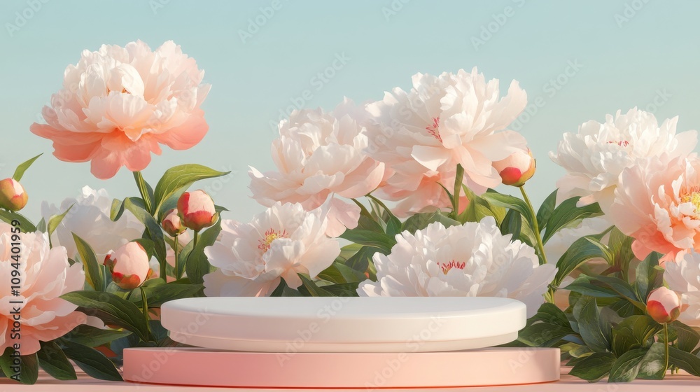 Modern aesthetic peony bloom floral podium abstract scene. Empty stage minimalistic boho design background. Stand product showcase. Modern aesthetic peony bloom floral podium abstract scene. Empty stage minimalistic boho design background. Stand product showcase.
