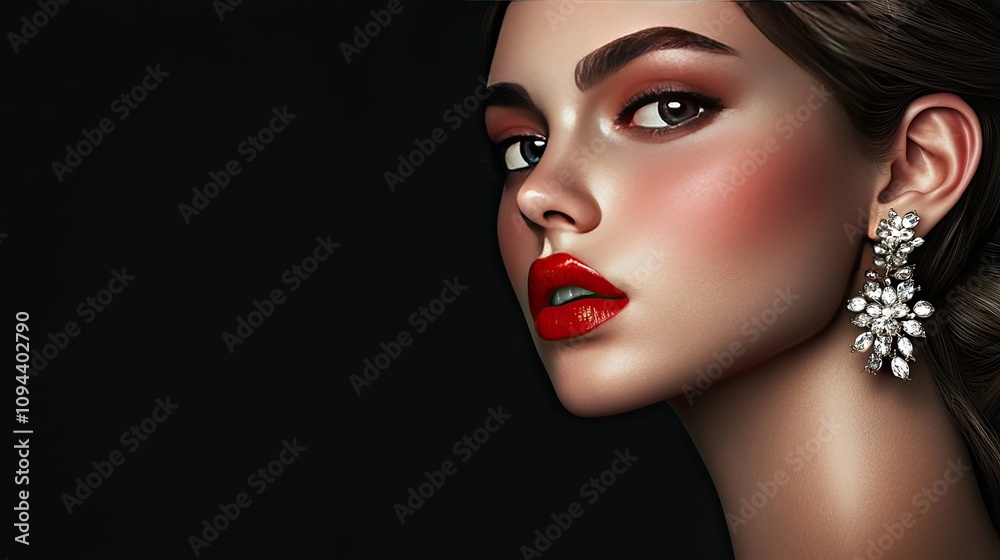Close-up of a beautiful young woman with elegant makeup, wearing sparkling earrings against a dark background. Close-up of a beautiful young woman with elegant makeup, wearing sparkling earrings against a dark background.