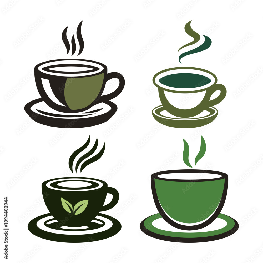 Set of A Cup of Hot Green Tea Aromatic Herbal Healthy Drink with Leaves in Cafe Set of A Cup of Hot Green Tea Aromatic Herbal Healthy Drink with Leaves in Cafe