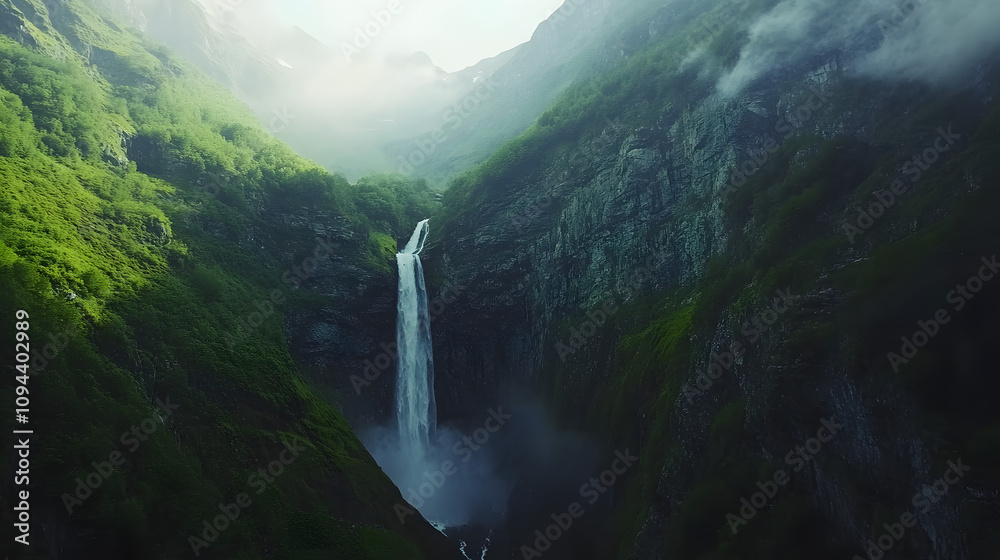 A high-altitude view of a dramatic waterfall cascading into a lush valley. A high-altitude view of a dramatic waterfall cascading into a lush valley.