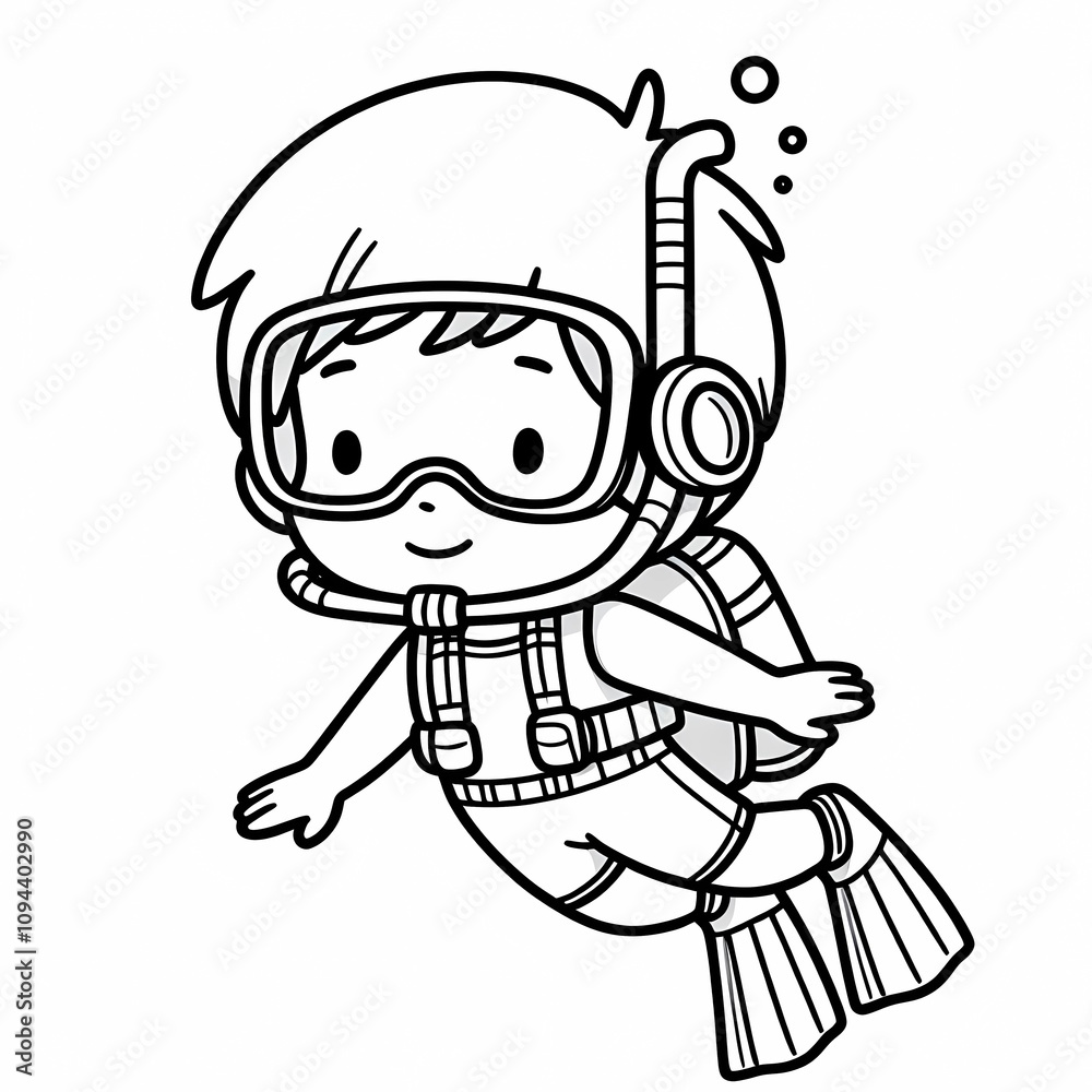 Fototapeta premium Blank coloring book illustration, a boy wearing a diver's costume is diving.