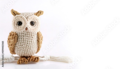 Macrame owl wall hanging, made of knotted rope, wood beads, and sticks is a form of textile produced using knotting rather than weaving or knitting techniques. Popular in the 1960s and 1970s. Isolated