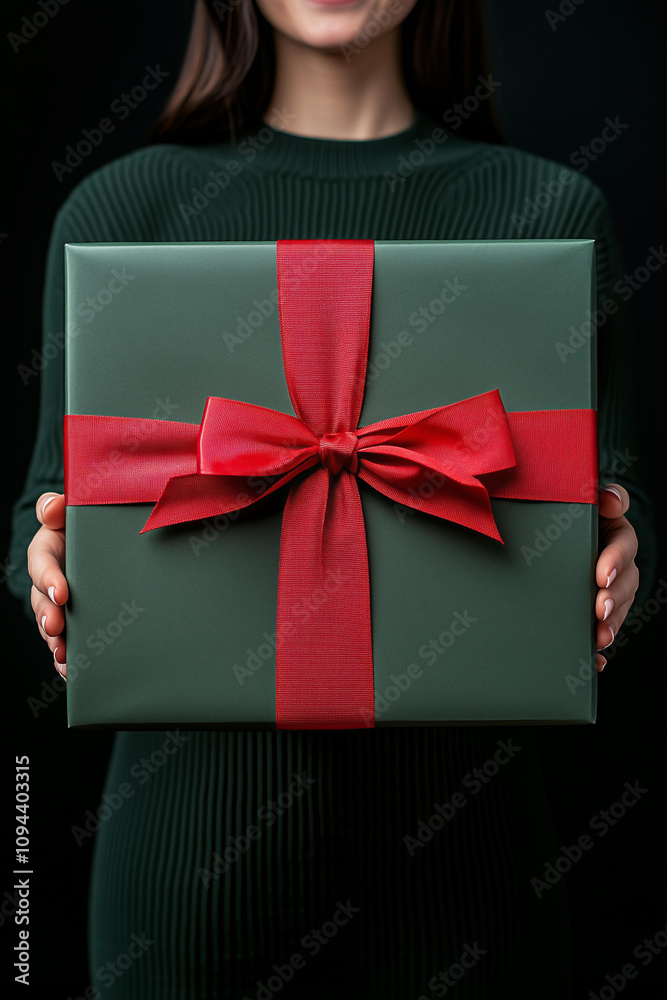 closeup woman carrying a huge christmas green gift box wrapped in a red ribbon, a happy woman holding a big square dark green cardboard box with a red bow on it, solid studio background closeup woman carrying a huge christmas green gift box wrapped in a red ribbon, a happy woman holding a big square dark green cardboard box with a red bow on it, solid studio background