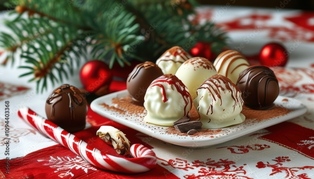 Christmas chocolate truffles with holiday decorations and copy space