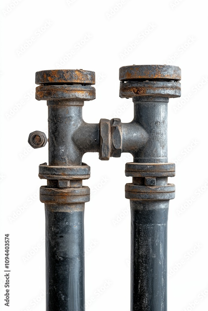 Rusty, connected industrial pipes; H-shaped. Rusty, connected industrial pipes; H-shaped.
