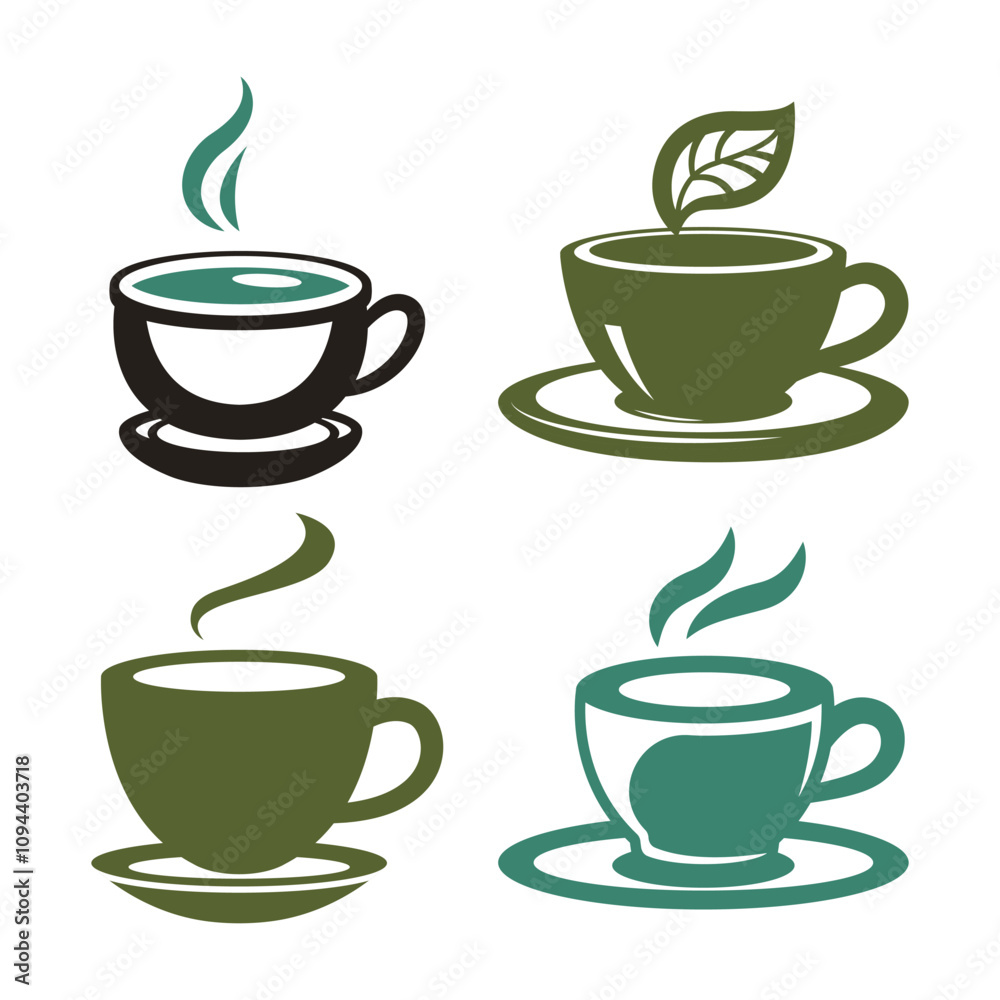 Obraz premium Set of A Cup of Hot Green Tea Aromatic Herbal Healthy Drink with Leaves in Cafe