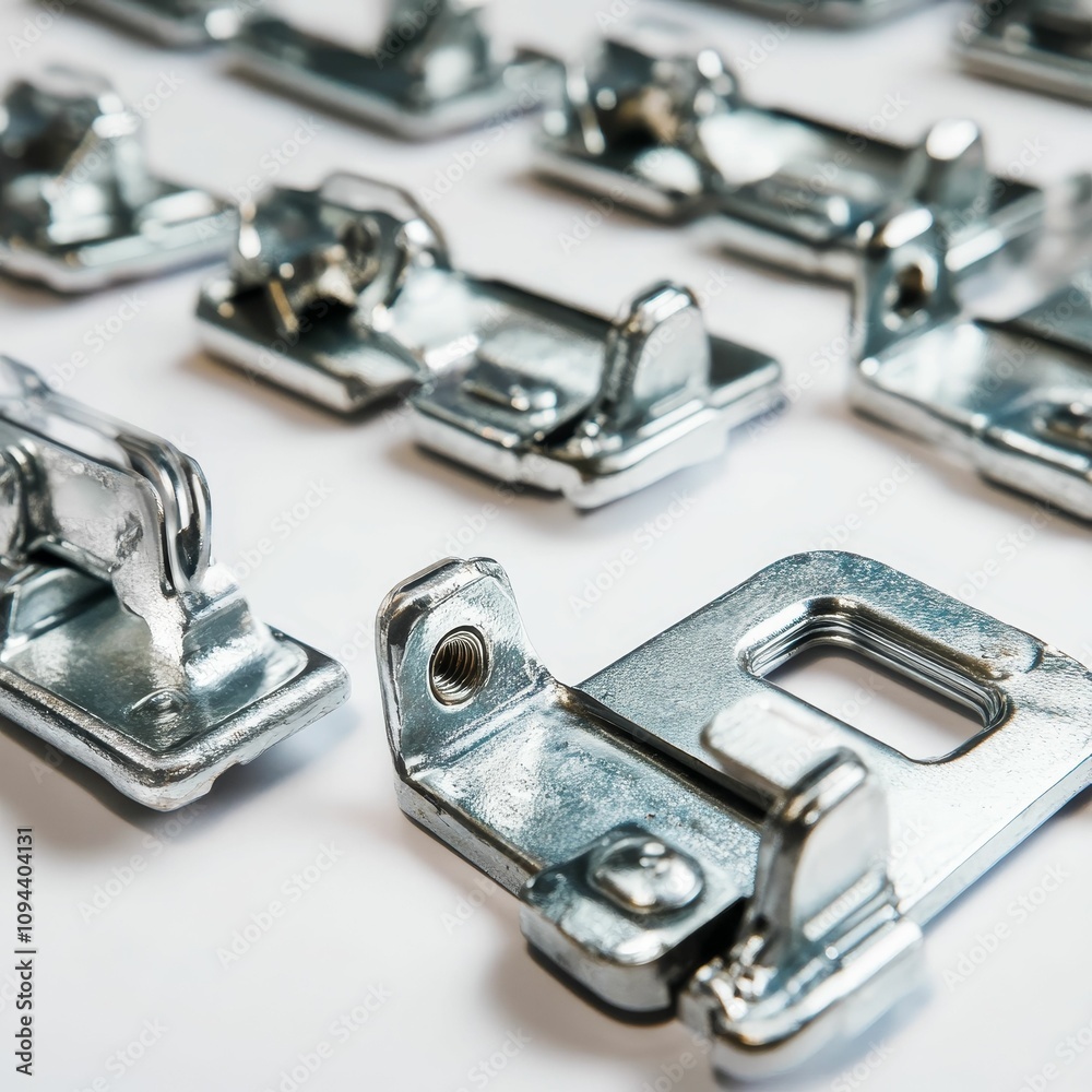 Shiny metal hinges scattered on white surface. Shiny metal hinges scattered on white surface.