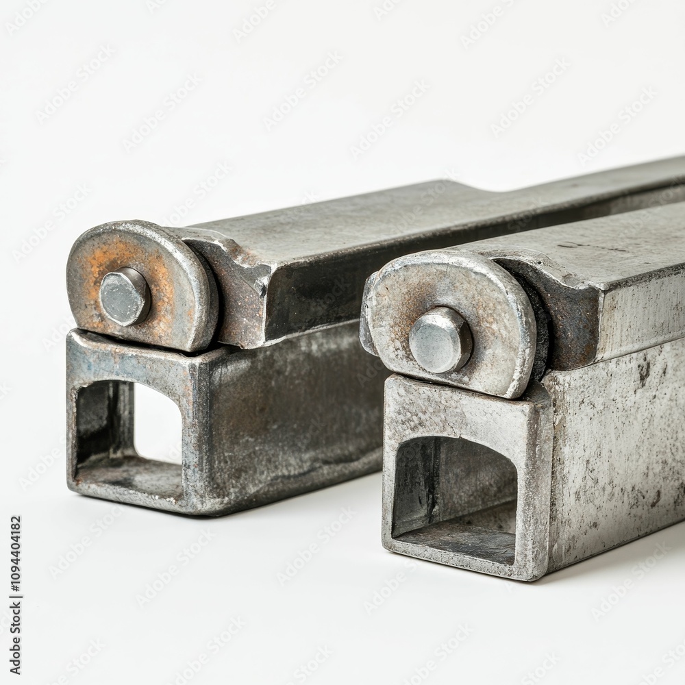 Two rusty, metallic, hinged, square objects.