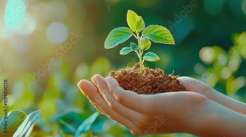 Hands Holding Seedling in Natural Environment