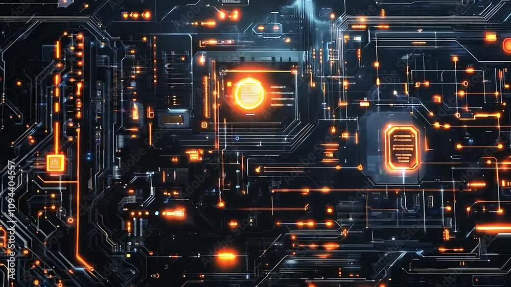 Abstract Digital Circuitry with Glowing Orange Elements Abstract Digital Circuitry with Glowing Orange Elements
