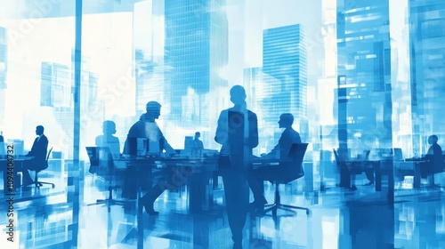 A double exposure illustration depicting business people in an office setting with skyscrapers